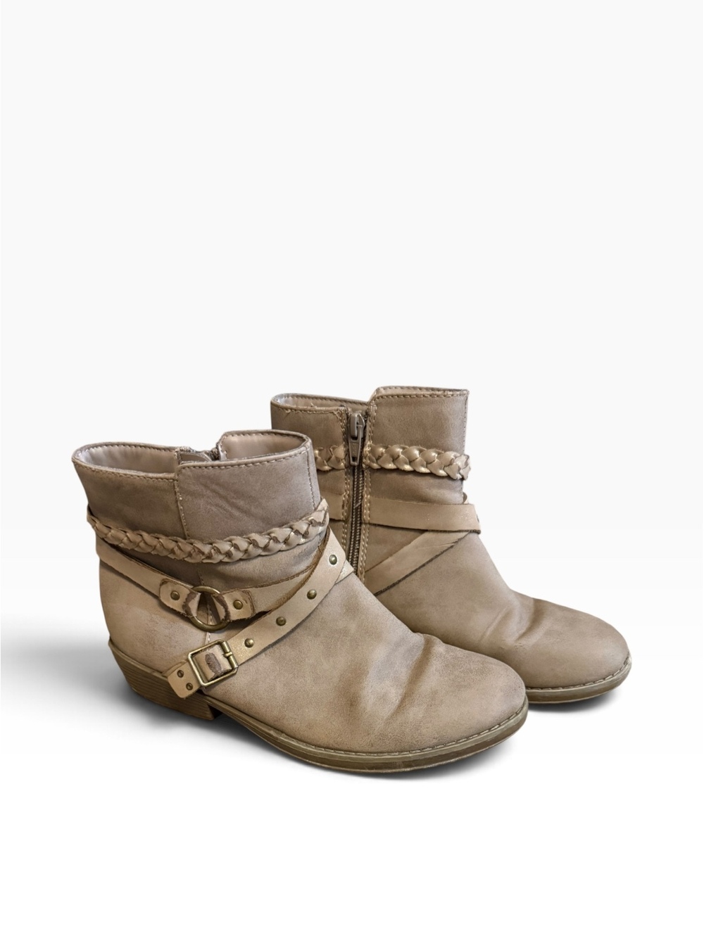 Kohl's Girls' Beige Ankle Boots with Braided Strap Detail Size 5 Medium